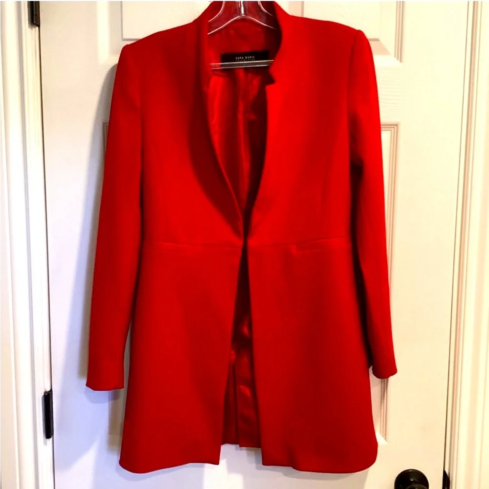 Zara Notched Collar Long Red Blazer Jacket Size: US M NWOT - Picture 2 of 7